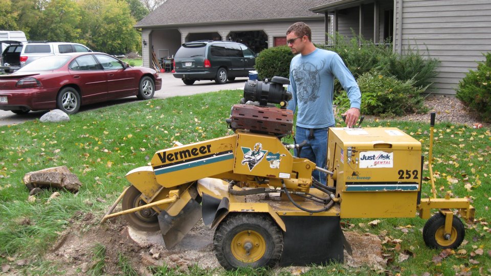 man with tree stump machine grinding stump